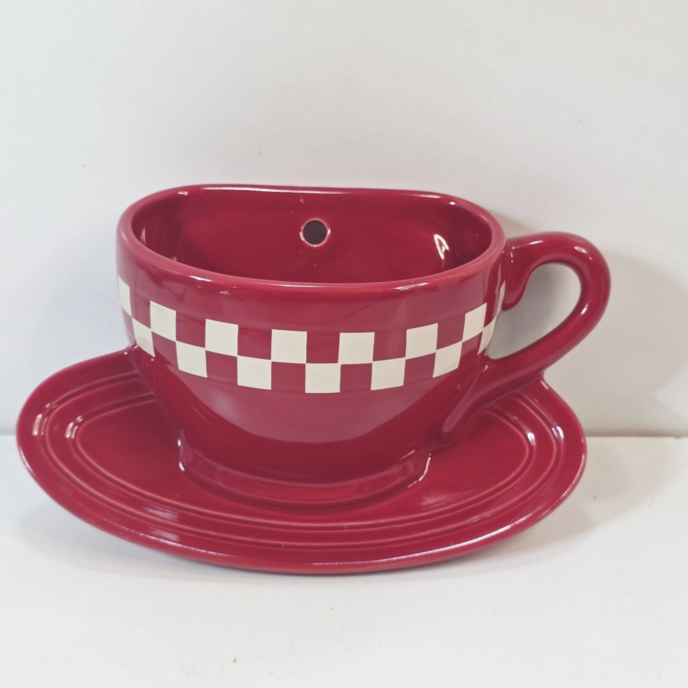 Vtg THT Red Ceramic Coffee Cup Wall Hanging Pocket Planter Vase Retro Decor 2003